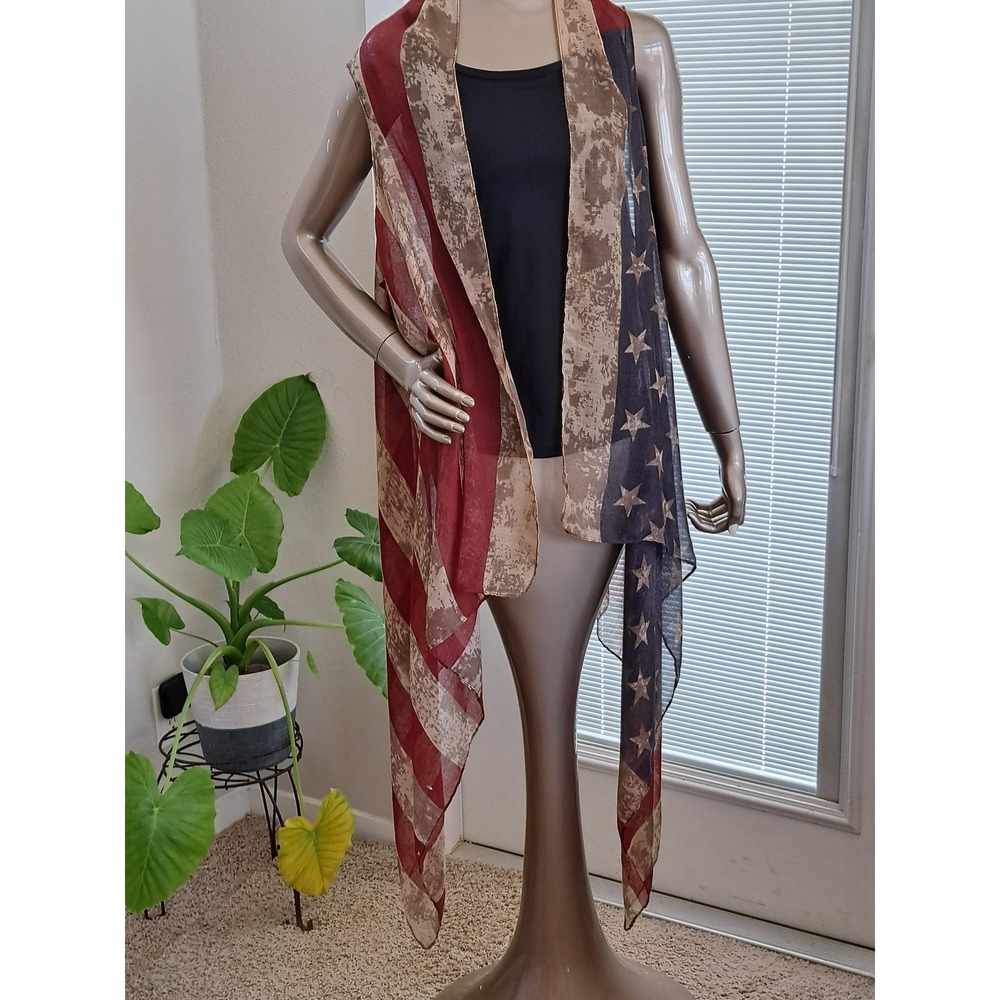 Womens Distressed American Flag Sheer Vest Patriotic Stars Stripes Kimono Wrap